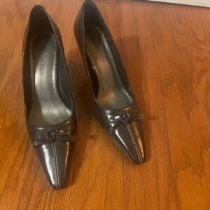 Etienne Aigner Dark Brown Pointed-Toe Leather Pumps with Bow Accent